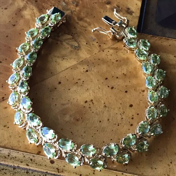 Natural Peridot Sterling Silver 18k Yellow Gold Vermeil Bracelet - Picture 7 of 11